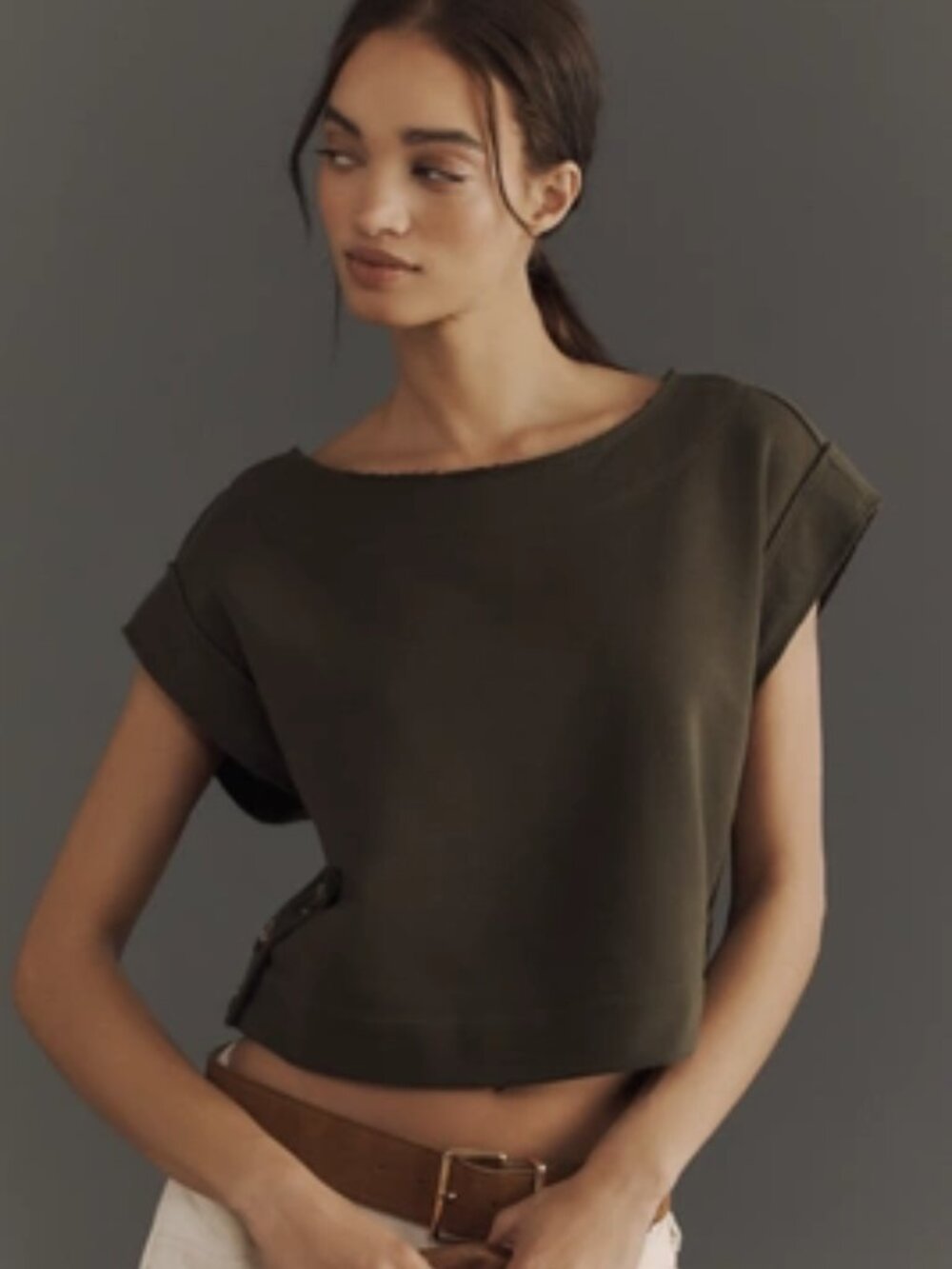 ANTHROPOLOGIE Drop-Shoulder Crop Top, Short Sleeve, Moss Green, Women's Size M